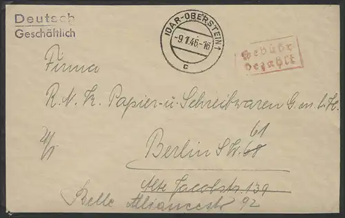 Payé lettre Idar-Oberstein 9.1.46 à Berlin