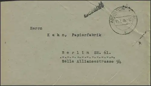 Gebühr-Bezahlt Brief Aschbach/Oberfranken 31.1.46 nach Berlin