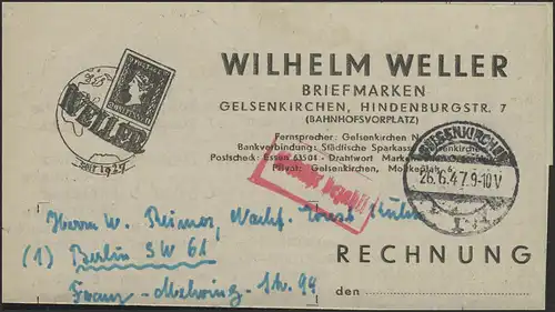 Paiement de la taxe facture Commerce des timbres Gelsenkirchen 26.6.47 n.Berlin