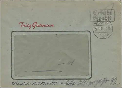 Gebühr-Bezahlt Fensterbrief Koblenz 30.10.45