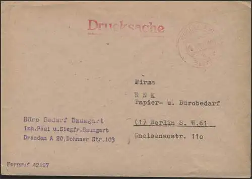 Gebühr-Bezahlt-Stempel Bedarfs-Drucksache Dresden 8.8.47 nach Berlin