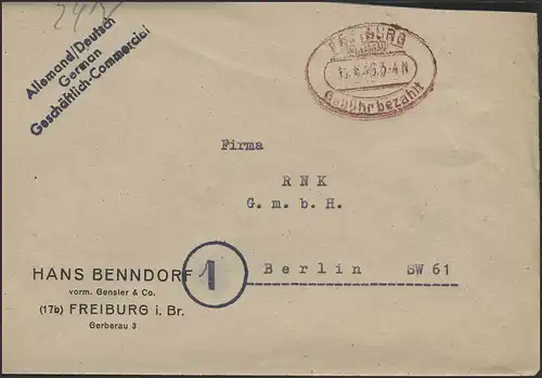Gebühr-Bezahlt-Stempel Brief Freiburg/Breisgau 13.8.46 nach Berlin
