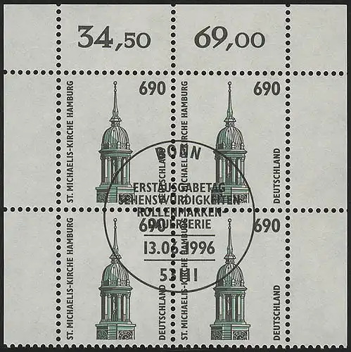 1860 SWK 690 Pf OR-Viererbl. ESST Bonn