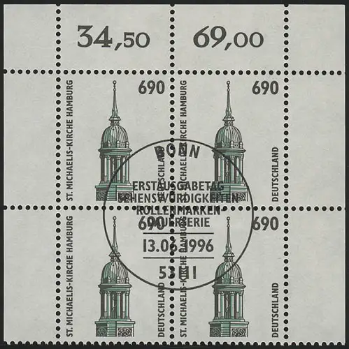 1860 SWK 690 Pf OR-Viererbl. ESST Bonn