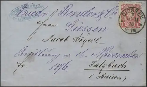 33a Reichsadler 10 Pfennige EF Brief Giessen 16.11.76 nach Sulzbach 17.11.
