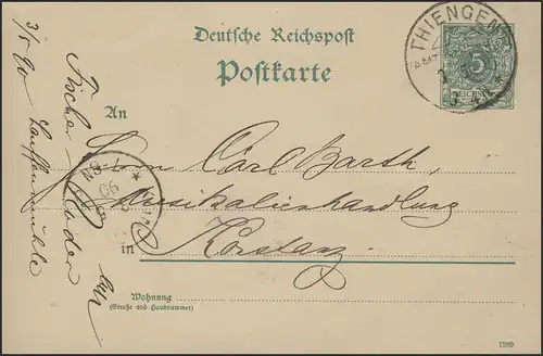 Postkarte P 20 Ziffer 5 Pf Thiengen - Amt Waldshut - 3.5.90 nach Konstanz 3.5.90