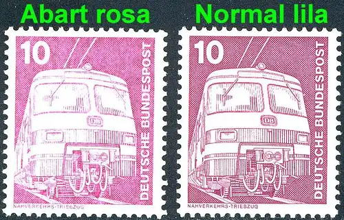 847 IuT 10 Pf: - Zug im Nebel: Marke in rosa statt lila, mit Vergleichsstück **