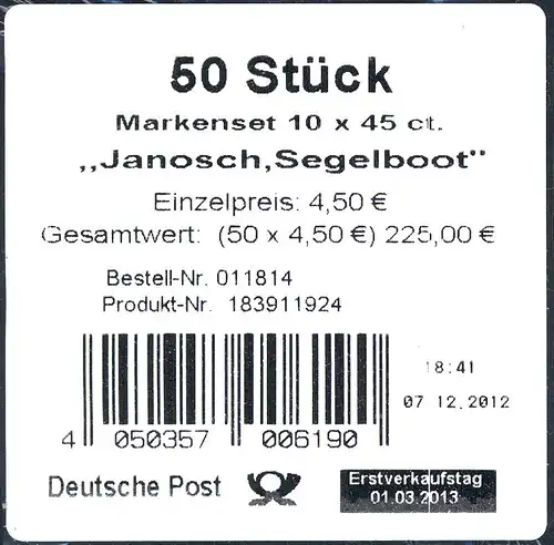 FB 27 Janosch: Segelboot, Folienblatt - Banderole für 50 Markensets