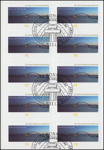 FB 29 Fehmarnsundbrücke, Folienblatt 10x3003, Erstverwendungsstempel Bonn 4.4.13