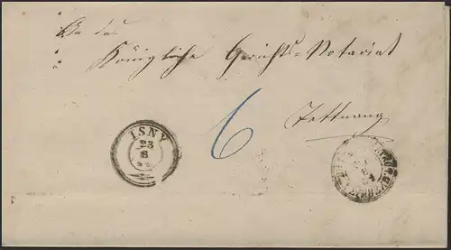 Bayern Lettre de service à deux cercles Isny 23.8.56 selon Tettnang 24.8.