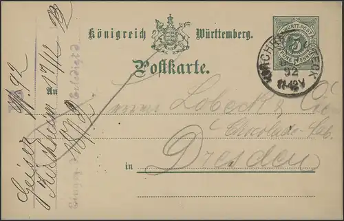 Württemberg Postkarte Ziffer 5 Pf. grün Kirchheim unter Teck 17.12.92 n. Dresden