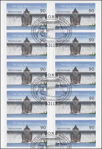 FB 30 Möhnetalsperre, Folienblatt mit 10 x 3009, Erstverwendungsstempel Bonn