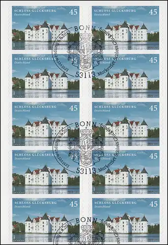 FB 31 Schloss Glücksburg, Folienblatt mit 10 x 3016, Erstverwendungsstempel Bonn