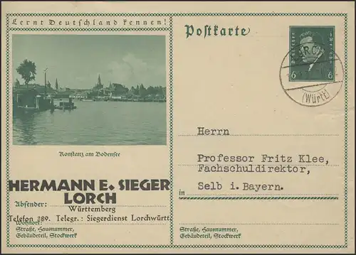 Carte postale 6 Pf. Ebert: Konstanz am Bodensee, Lorch/Württemberg 17.9.32