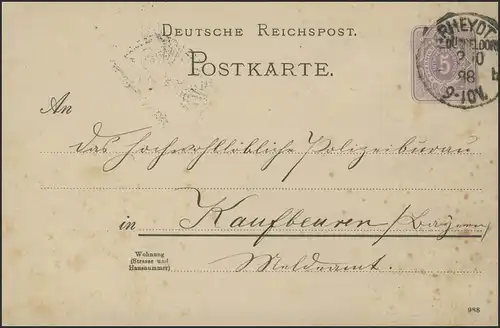 Postkarte P 18I Ziffer 5 Pfennig/DV 988, mit Lücke, RHEYDT 2.10.88, stockig