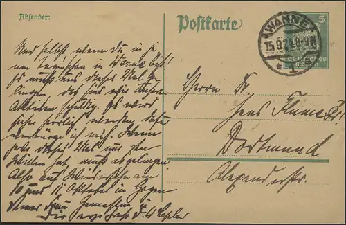 Postkarte P 156I Adler 5 Pf. gelaufen WANNE 15.9.24 nach Dorrtmund