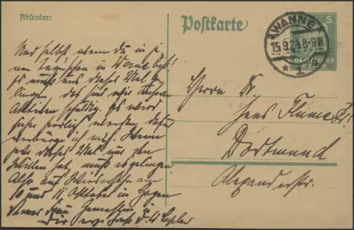 Postkarte P 156I Adler 5 Pf. gelaufen WANNE 15.9.24 nach Dorrtmund