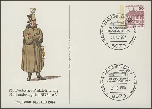 PP 106/148 Journée des philatélistes 1984: Postillon avec manteau, SSt Ingolstadt 21.10.84