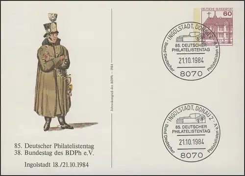 PP 106/148 Philatelistentag 1984: Postillon mit Mantel, SSt Ingolstadt 21.10.84