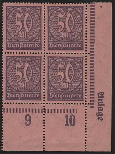 73 timbres de service 50 m. avec installation d'impression, bloc quatre d"angle en bas à droite **