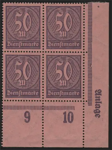 73 timbres de service 50 m. avec installation d'impression, bloc quatre d"angle en bas à droite **