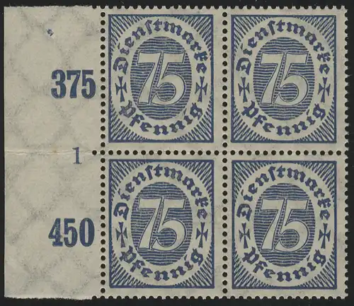 69 Marque de service 75 Pf Bloc de bord de quatre avec le numéro de forme 1, plié comme d'habitude **