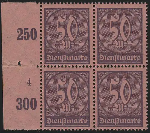 73 Dienstmarke 50 M. Rand-Viererblock mit Formnummer 4, gefaltet **