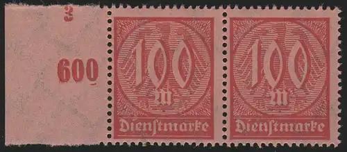 74 Dienstmarke 100 M. postfrisches Randpaar mit Formnummer 3, **