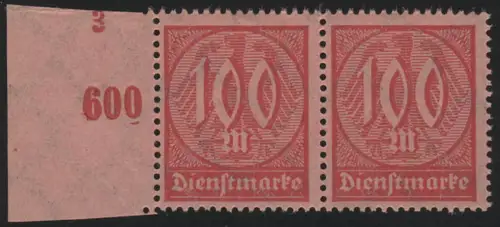 74 Dienstmarke 100 M. Randpaar mit Formnummer 3, **