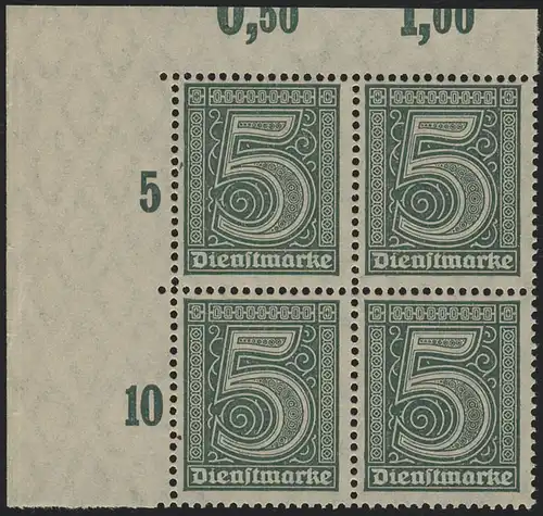 23 P OR  Dienstmarke 5 Pf. Eckrand-Viererblock oben links, Plattendruck **