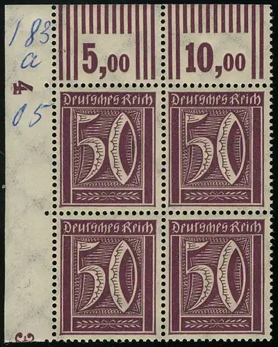 183b W OR Marque libre chiffre 50 Pf Eckrand-Quater 3'7'3 / 2'9'2 **