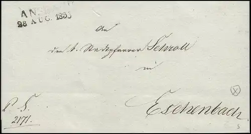 Bayern Vorphilatelie Brief Zweizeiler ANSBACH 18. AUG. 183 (3?) vers Eschenbach