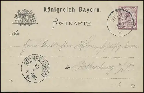 Bayern Postkarte Ziffer 5 Pf. GESLAU 30.4.89 nach ROTHENBURG a. Tauber 30.4.89