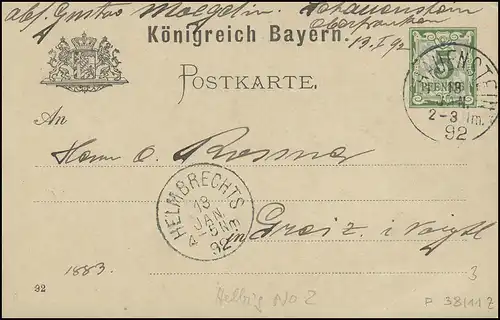 Bayern Postkarte SCHAUSSTEIN 13.1.93 par l'intermédiaire de HELMBrechtS 18.1. vers GRIZ/Vogtland