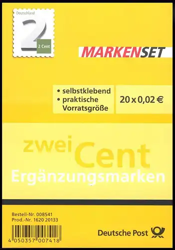 FB 34I Ergänzungsmarke 2 Cent, Folienblatt mit 20 x 3045, EV-O Bonn