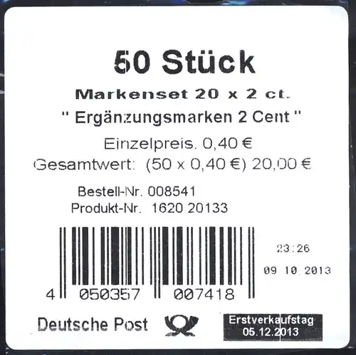 FB 34 Ergänzungsmarke 2 C. mit SAD 2013, Folienblatt-BANDEROLE 50 für Sets