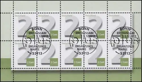 3042 Ergänzungsmarke 2 Cent - 10er-Bogen ESSt Bonn 5.12.2013