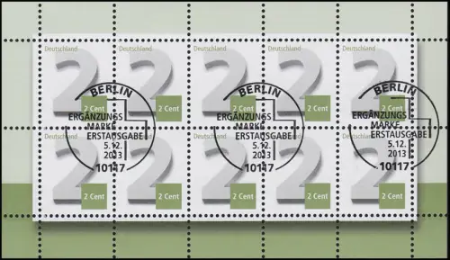 3042 Ergänzungsmarke 2 Cent - 10er-Bogen ESSt Berlin 5.12.2013
