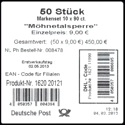 FB 30 Möhnetalsperre, Folienblatt - Banderole für 10 Markensets mit DHL-Code
