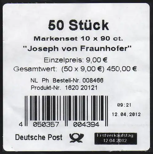 FB 23 Fraunhofer, feuille feuille Banderole pour 50 sets de marque