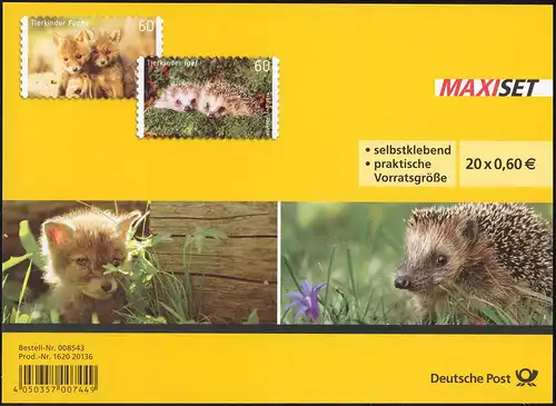 FB 36 Enfants d'animaux: renard et hérisson, feuille de 10x 3053-3054, EV-O Bonn