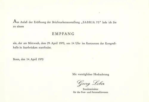 Ministereinladungskarte A5q SABRIA'70 Bonn 14.4.1979, ESSt Saarbrücken 29.4.70 