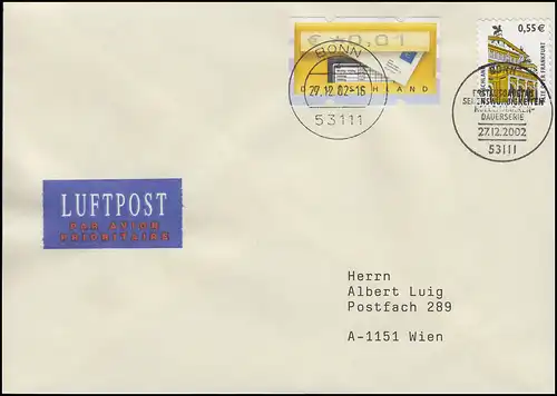 2304BA SWK Alte Oper Frankfurt, Luftpost-FDC ESSt Bonn 27.12.2002 nach Wien