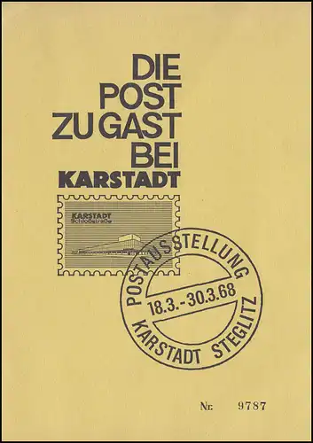 Carte ministérielle spéciale Berlin MiSK Cour de chambre KARSTADT SSt Berlin 18.3.1968