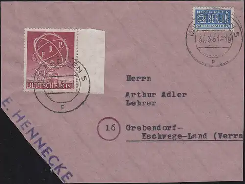 71 ERP-Marke, Randstück mit Notopfermarke auf Briefstück Bremen 31.3.51