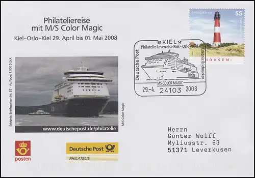 Voyage Philatelie MS Color Magic Kiel-Oslo,Emission 1000! SSt Kienne Schiff 29.4.2008
