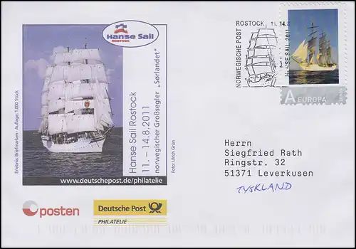 Hanse Sail Rostock, Auflage 1000! Schiffspost-SSt Norwegische Post Rostock 2011