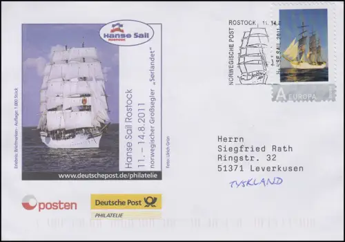 Hanse Sail Rostock, Auflage 1000! Schiffspost-SSt Norwegische Post Rostock 2011