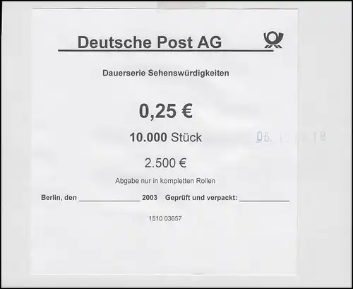 2374 SWK Schloss Arolsen 0,25 - Verschlussteller / Aufkleber 2003 für 10000er
