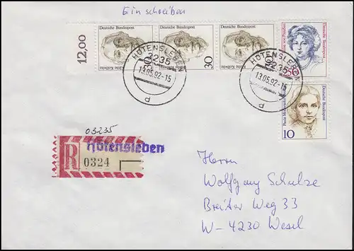 Not-R-Zettel Höttensleben & handschriftliche PLZ O 3235 (VGO), R-BF MiF 13.5.92